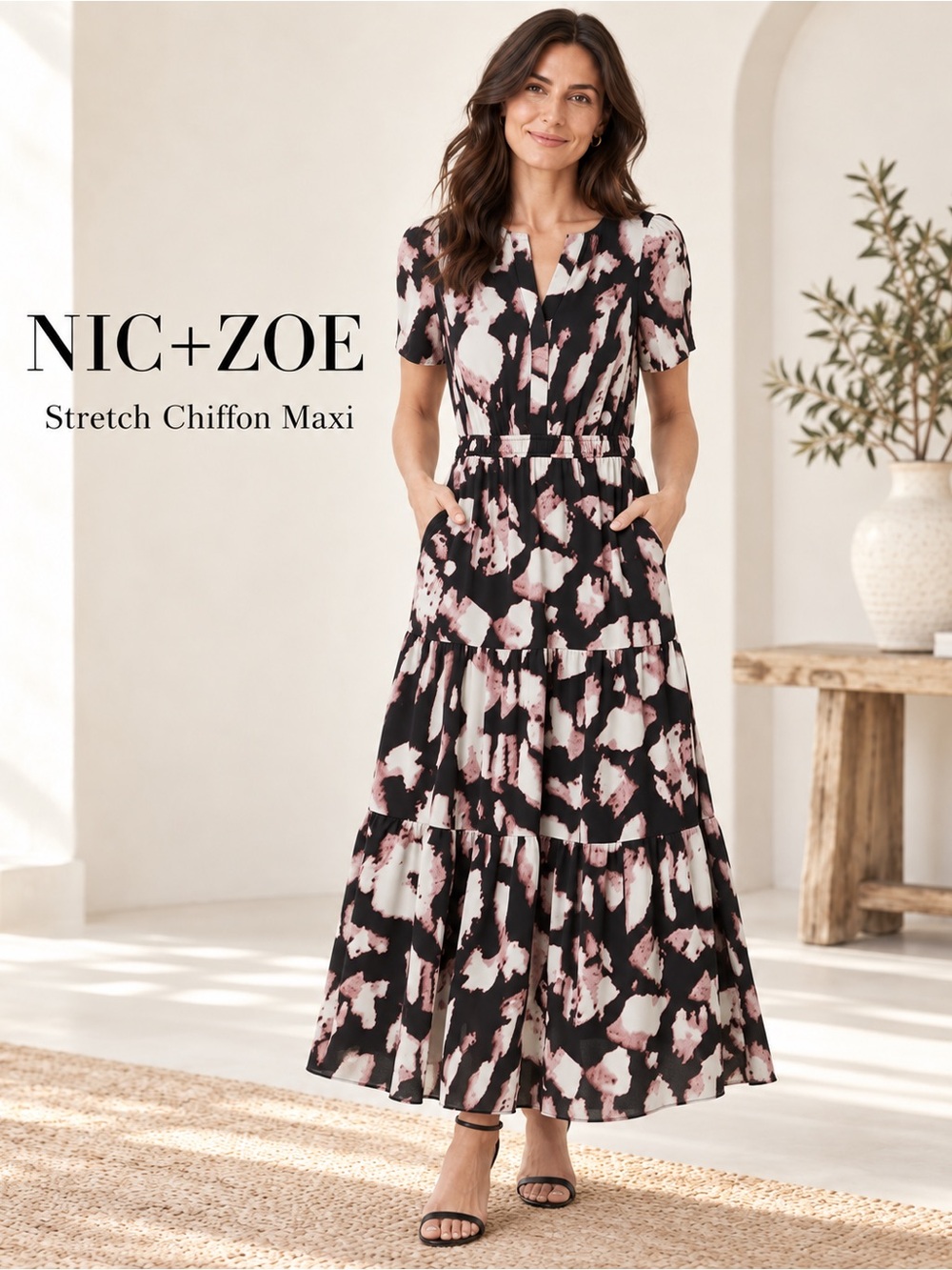 NIC+ZOE Black and Pink Abstract Tiered Maxi Dress